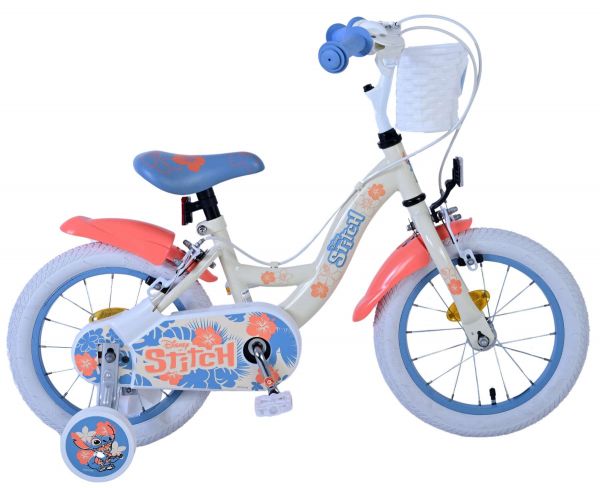 Disney Stitch Kinderfiets - Meisjes - 14 inch - Crème Koraal Blauw - Twee handremmen