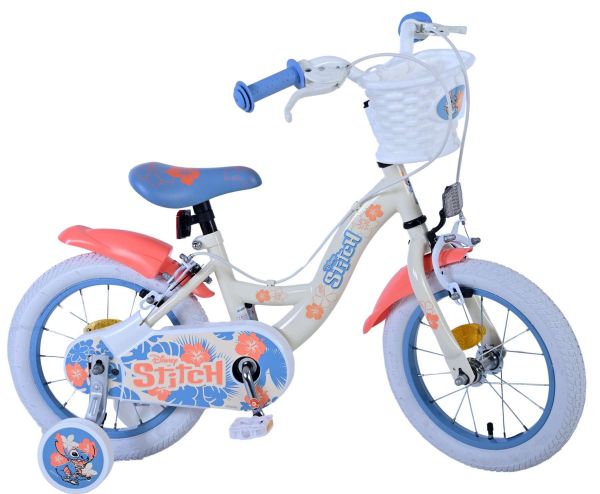 Disney Stitch Kinderfiets - Meisjes - 14 inch - Crème Koraal Blauw - Twee handremmen