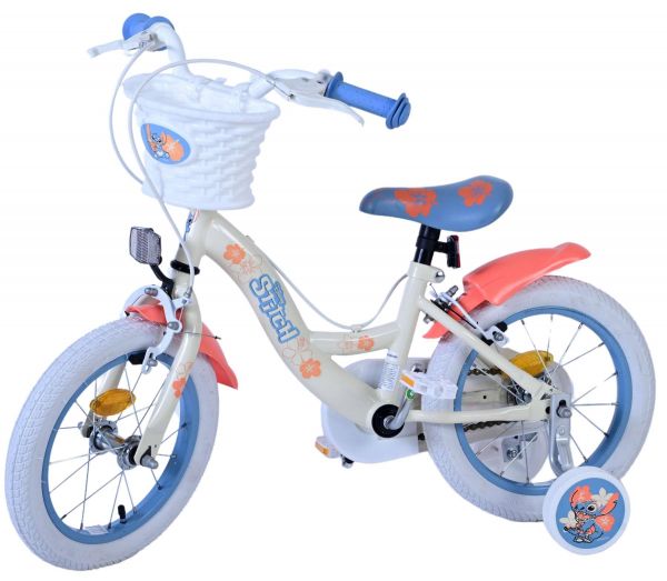 Disney Stitch Kinderfiets - Meisjes - 14 inch - Crème Koraal Blauw - Twee handremmen