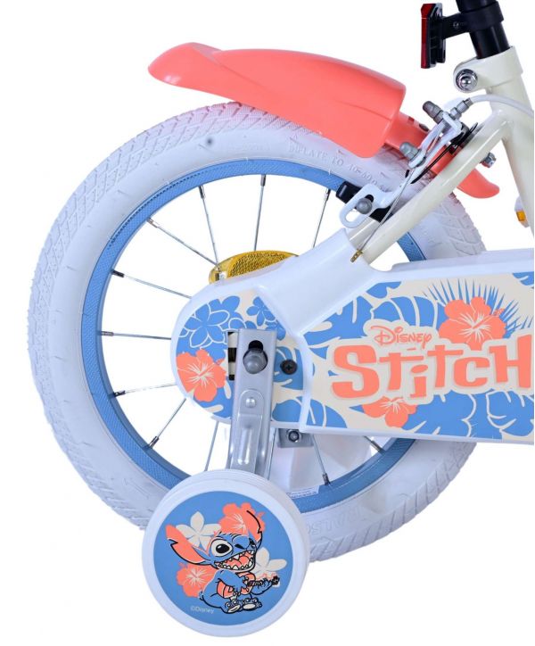 Disney Stitch Kinderfiets - Meisjes - 14 inch - Crème Koraal Blauw - Twee handremmen