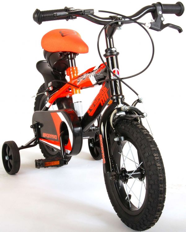 Volare Sportivo Kinderfiets - Jongens - 12 inch - Neon Oranje Zwart - Twee Handremmen - 95% afgemonteerd